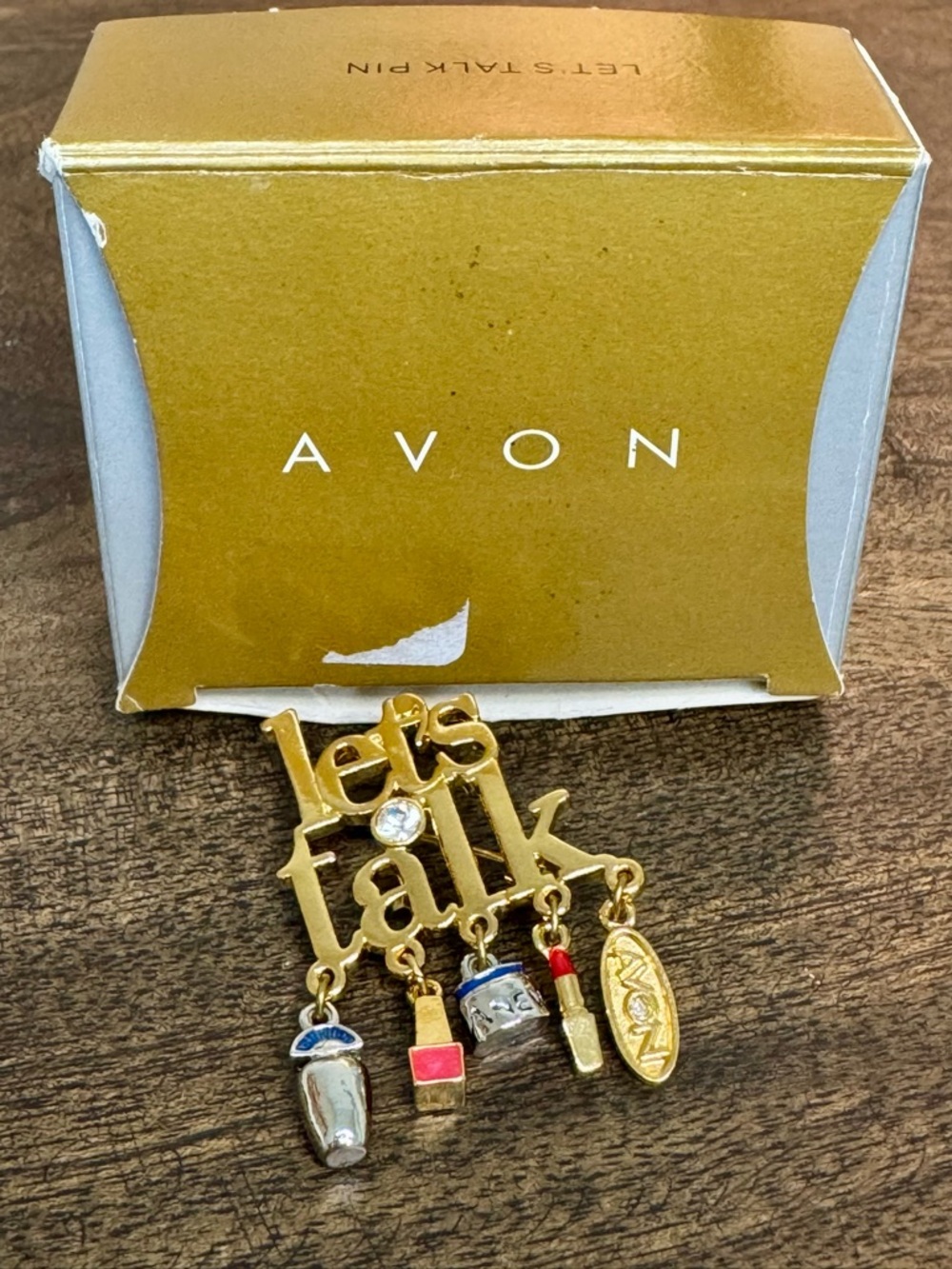 Vintage Avon Gold-Tone "Let's Talk" Pin with Enamel Makeup Charms